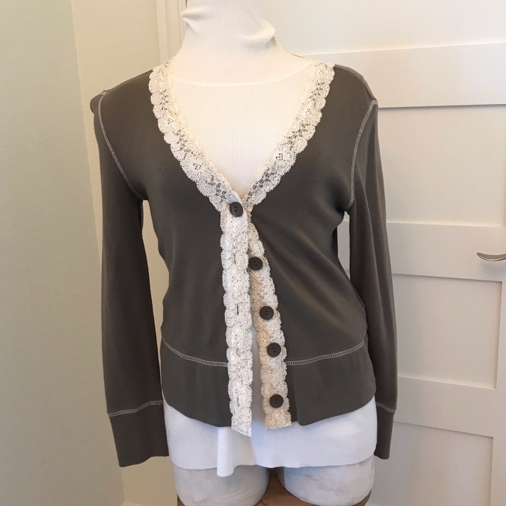 Olive Long Sleeve V neck cardigan with Lace